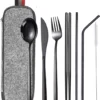 House Of Husk Reisbestek - Reis Bestekset - Chopsticks - Metalen Rietjes Met Borstel - Lepel - Vaatwasserbestendig - RVS - 7 Delig - Zwart
