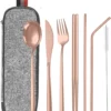 House Of Husk Reisbestek - Reis Bestekset - Chopsticks - Metalen Rietjes Met Borstel - Lepel - Vaatwasserbestendig - RVS - 7 Delig - Rose Goud