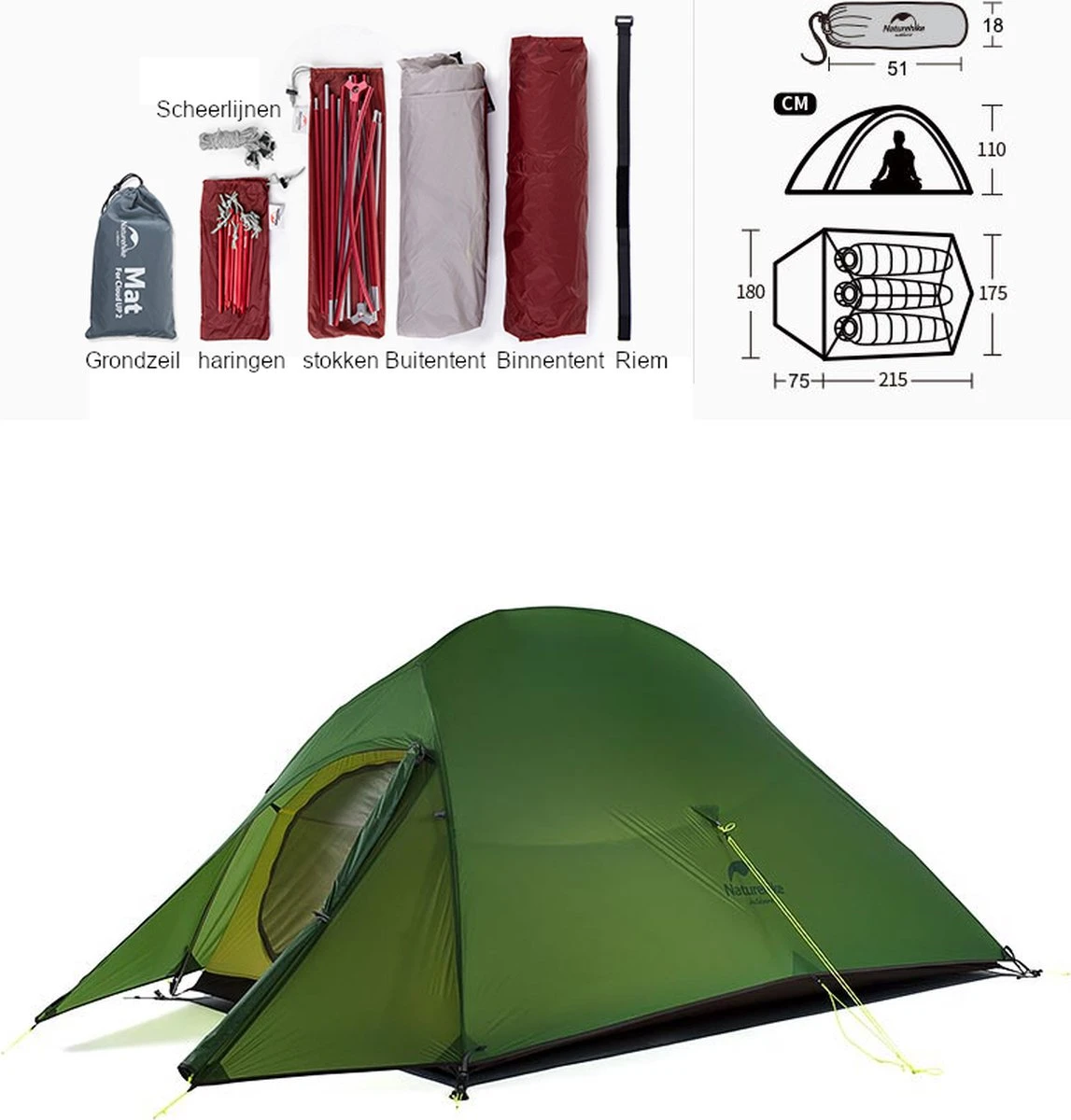 Cloud Up 3 Upgraded - Naturehike® - Tent 3 Persoons - Lichtgewicht Tent - Incl. Grondzeil - 20D 4000MM - Outdoor Kampeertent - Waterdicht - Hiking & Wandelen - Afbeelding 8