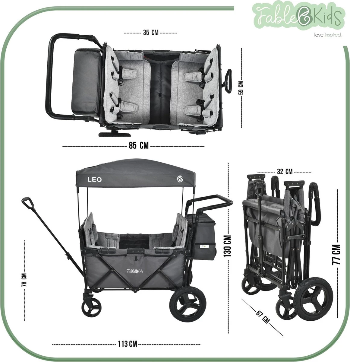 FableKids LEO X4Plus Opvouwbare Wagen Met Dak Fossil Grey - Afbeelding 9