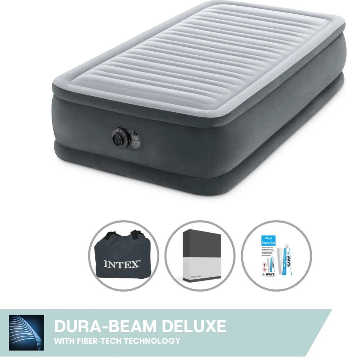 Intex Luchtbed - 1-Persoons - 99 X 191 X 46 Cm - Grijs - Met Ingebouwde Pomp, Hoeslaken Zwart En Reparatieset