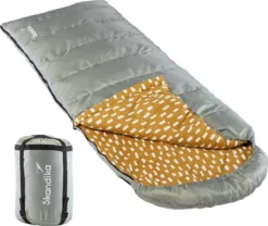 Skandika Dundee Flannel-R Slaapzak – Slaapzakken – Slaapzakken Volwassen - Maat M – Unisex - Katoen, Luxe Kwaliteit, Dubbele Slaapzak, 3 Seizoenen, Tot -20°C - 220 X 80 Cm - Outdoor Kampeerslaapzak – Ritssluiting Rechts - Grijs/geel