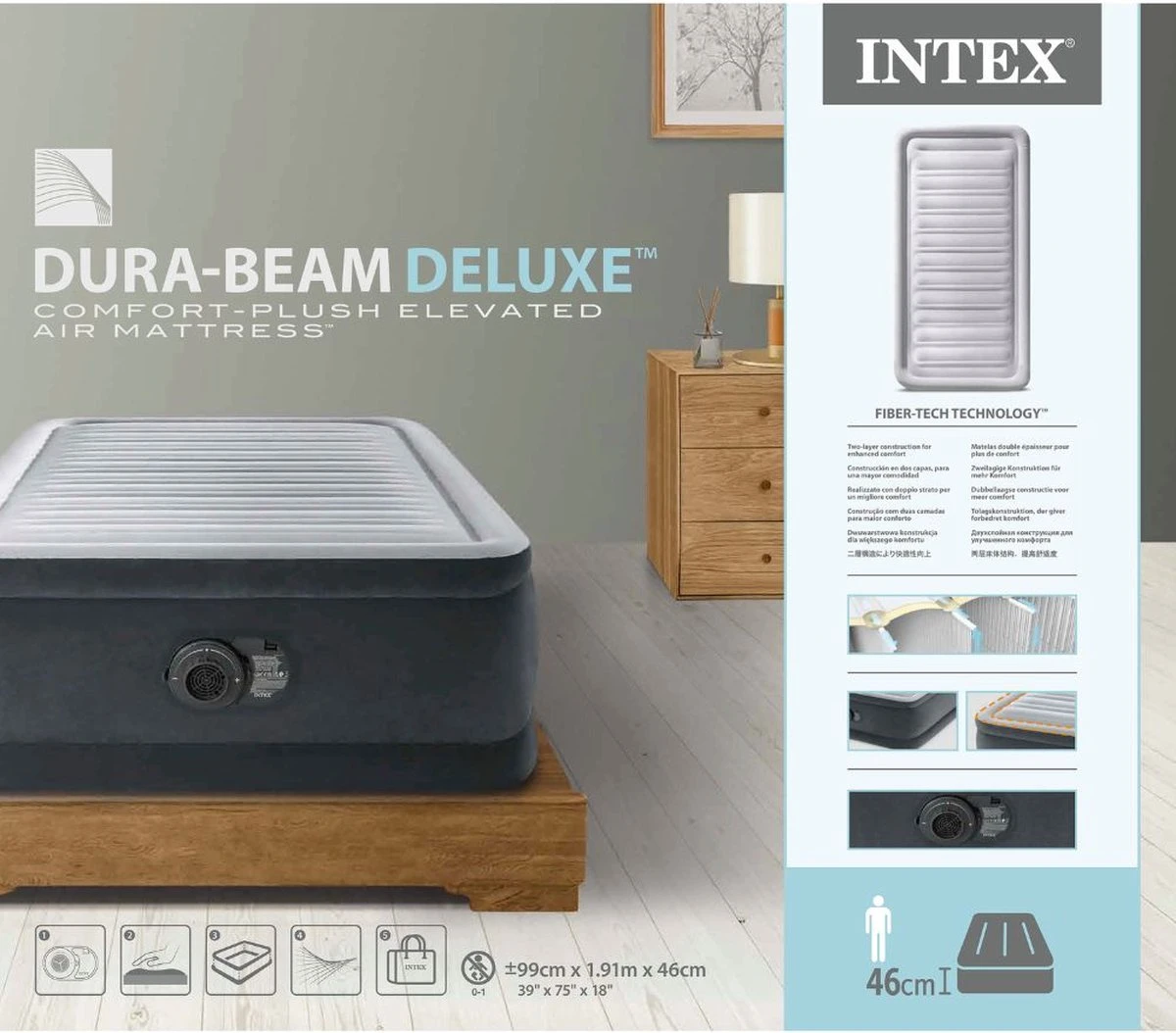 Intex Luchtbed - 1-Persoons - 99 X 191 X 46 Cm - Grijs - Met Ingebouwde Pomp, Hoeslaken Zwart En Reparatieset - Afbeelding 2