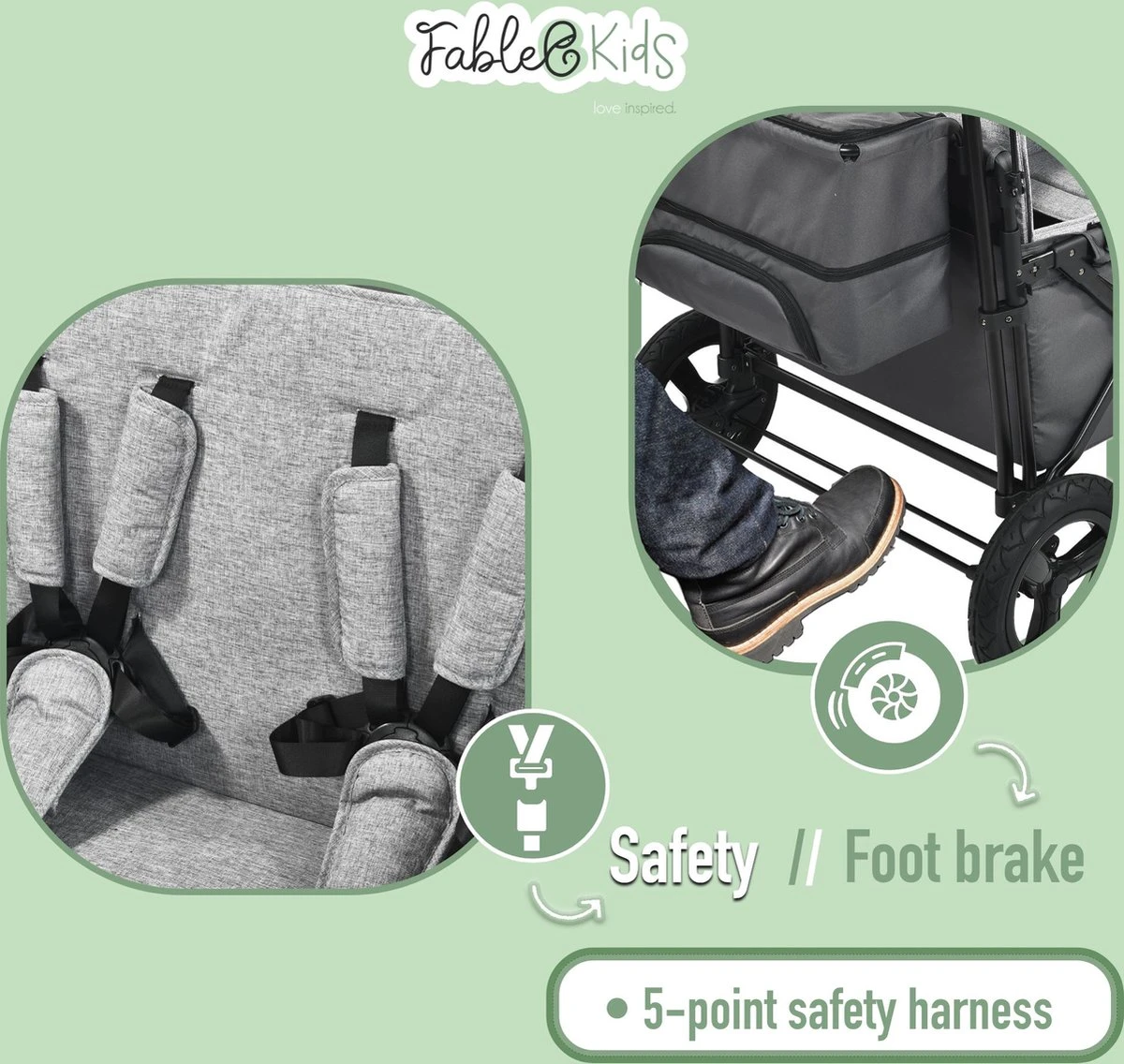 FableKids LEO X4Plus Opvouwbare Wagen Met Dak Fossil Grey - Afbeelding 11