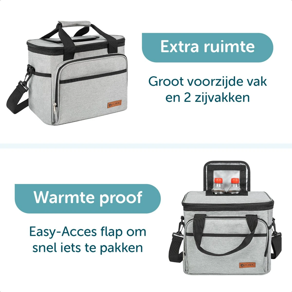 ForDig Koeltas L Grijs (15 Liter) - Gemaakt Van 600D Polyester Met PEVA-Voering - Ruimte Voor 20 Blikjes Of 10 Halve Liter Flessen - Opvouwbaar Koel Tas Met Easy-Acces Flap - Ruimte Voor Bestek - Picknick Cool Bag - Coolerbag - Grote Cooler - Afbeelding 6