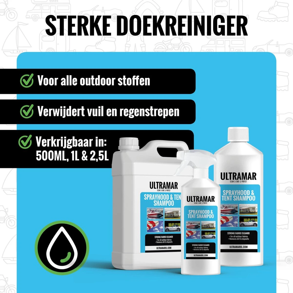 Ultramar - Sprayhood & Tent Shampoo - 1L - Tentdoekreiniger - Voor Bootkap, Tent, Cabriodak, Zonwering - Tentonderhoud - Bootonderhoud - Schoonmaakmiddel - Afbeelding 8