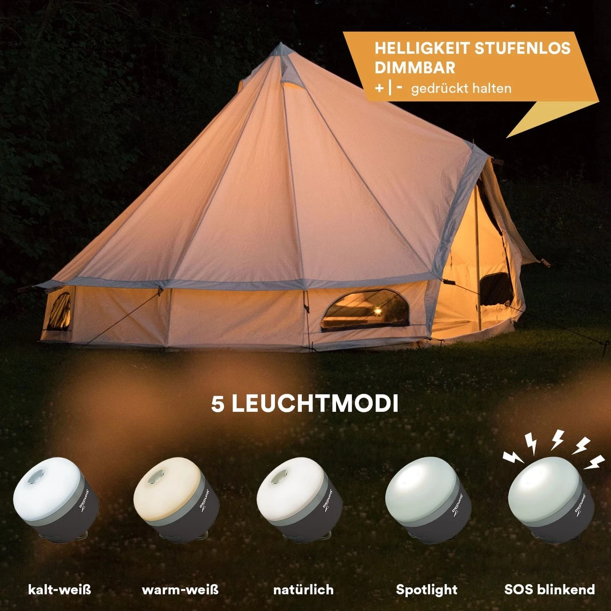 Skandika Campinglamp Tarfala – Tentlampen – Campinglampen – Kampeerlamp – Tentlamp Oplaadbaar, Traploos Dimbaar, Ophanghaak, USB Aansluiting – 3600 MAh Powerbank – Warm Wit, Koel Wit, 110 H Batterij – Tentlamp Buiten – Energieklasse A ++ - Zwart - Afbeelding 7