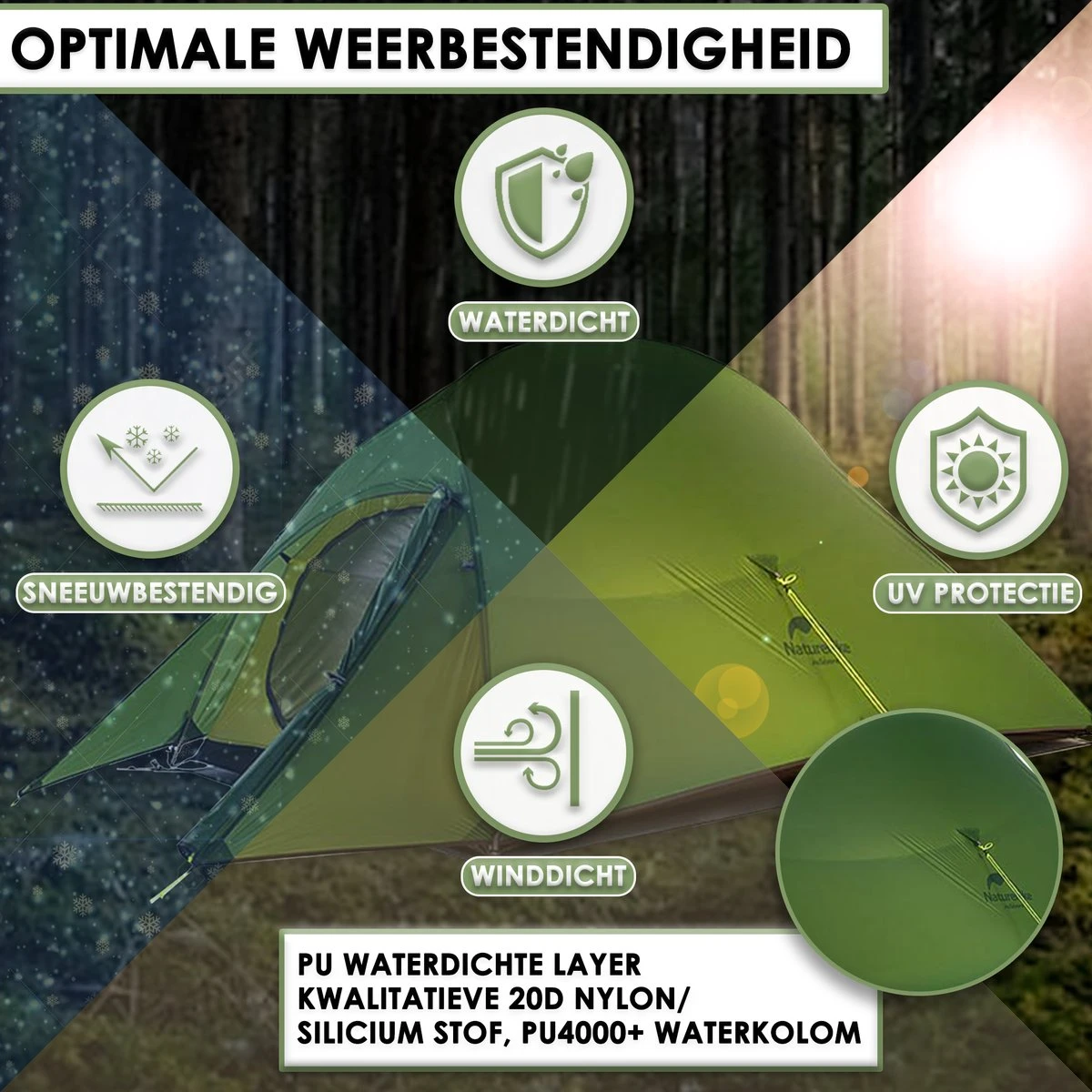 Cloud Up 3 Upgraded - Naturehike® - Tent 3 Persoons - Lichtgewicht Tent - Incl. Grondzeil - 20D 4000MM - Outdoor Kampeertent - Waterdicht - Hiking & Wandelen - Afbeelding 2
