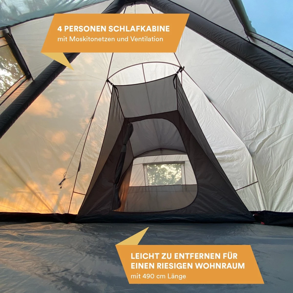 Skandika Tipi Kotona Air Opblaasbare Tent – Opblaasbare Tenten - 4 Persoons Tipi Tent – Tenten - Campingtent – Ingenaaide Tentvloer – Muggengaas – 260 Cm Stahoogte – 490 X 370 X 260 (L X B X H) – Outdoor, Camping, Tuin – Luchttent - Kamperen - Beige - Afbeelding 5