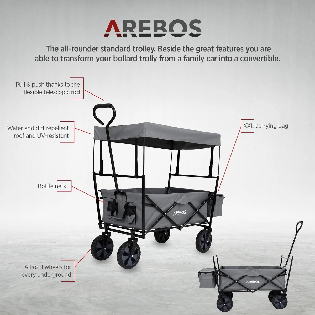 AREBOS Handwagen Vouwbare Dak Handwagen Vouwbare Trolley Uitrustingswagen Grijs - Afbeelding 7